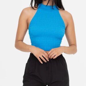 Mono B Blue Stretch Shirred Top L Large